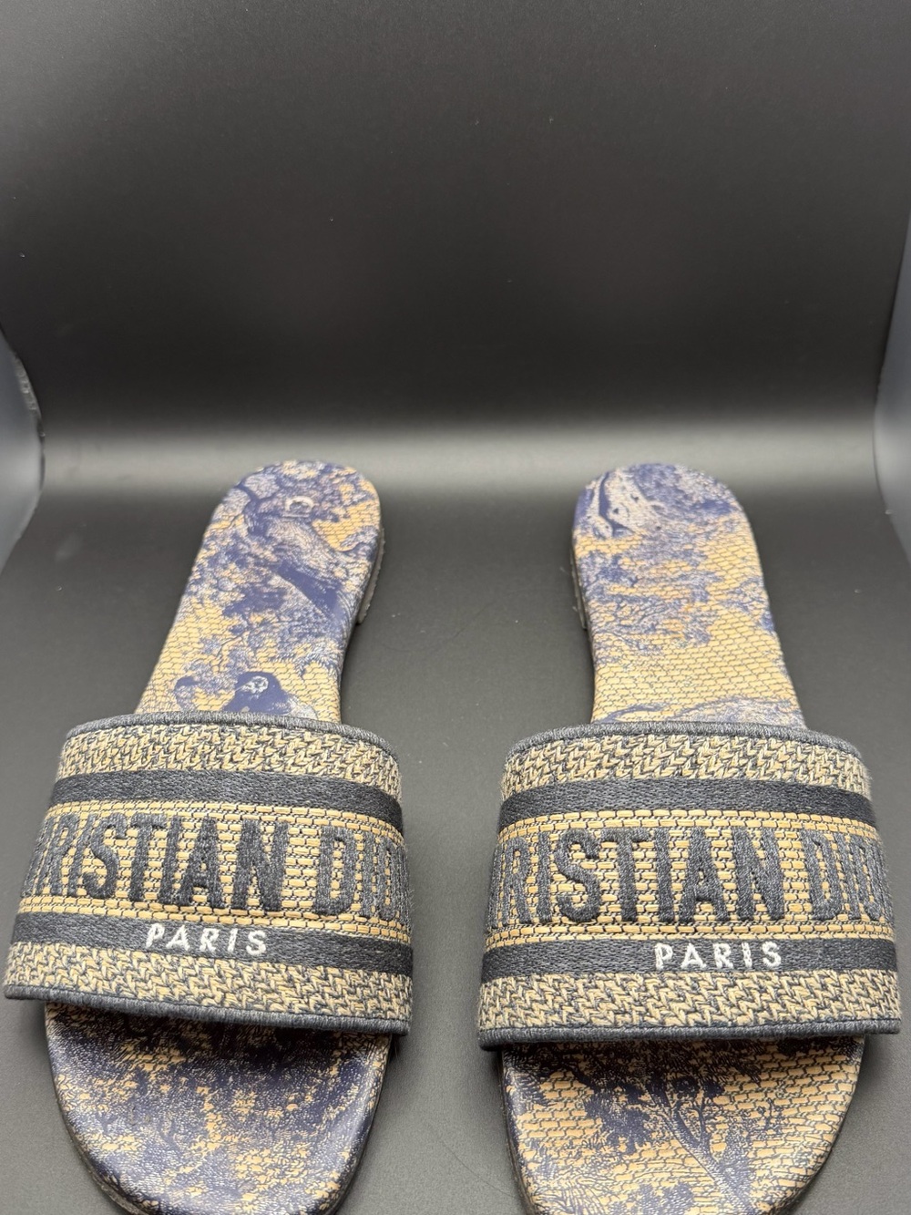 Dior Beige and Navy Jacquard Slide Sandals